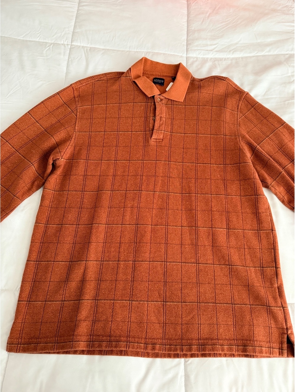 Arrow Orange Long Sleeve Polo Shirt with Windowpane Pattern Size L